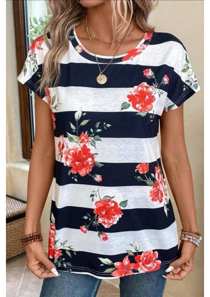 Gül Desen Çizgili Süprem T-Shirt Lacivert
