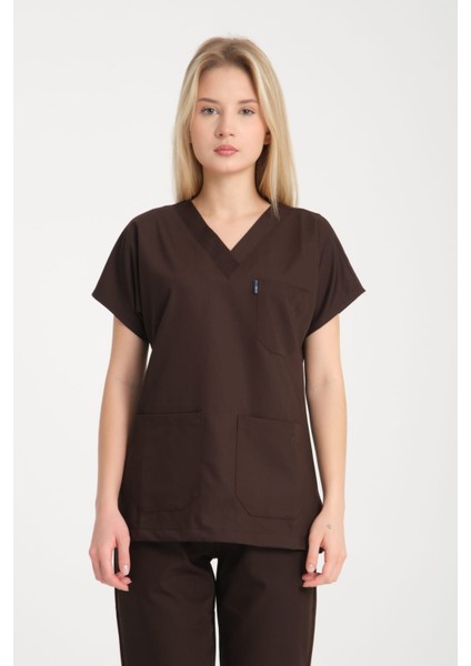 Üniforma V Yaka Acı Kahve Unisex Likralı Ütü Istemeyen Doktor Hemşire Takım Scrubs