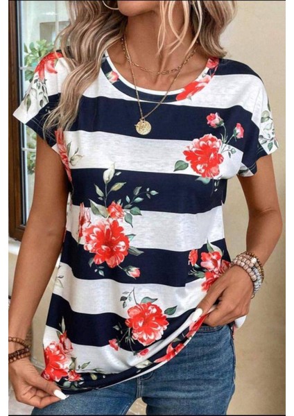 Gül Desen Çizgili Süprem T-Shirt Lacivert fiyatları