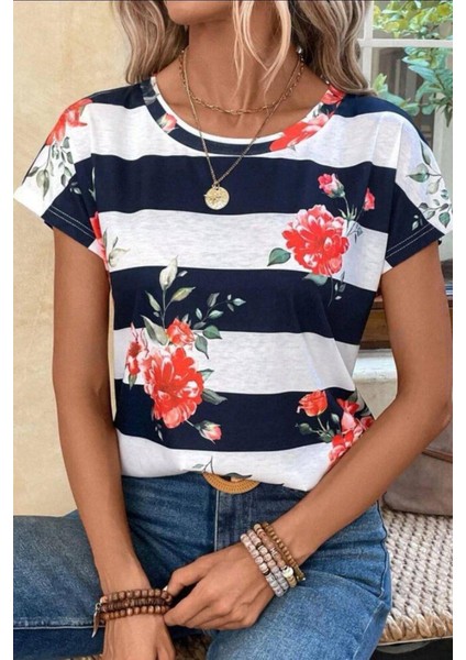 Gül Desen Çizgili Süprem T-Shirt Lacivert modelleri