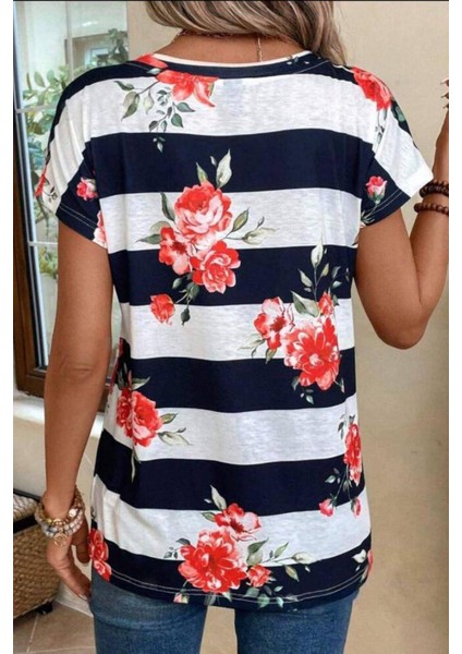 Gül Desen Çizgili Süprem T-Shirt Lacivert fırsatları