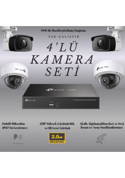 Vıgı 4'lü Kamera Seti / Poe C320I 2.8mm - 4mm Bullet Kamera / Poe C220I 2,8mm - 4mm Dome Kamera / NVR1008H-8P Poe 8 Kanal Nvr Kayıt Cihazı
