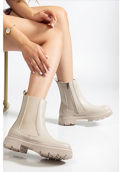 Yüksek Taban Fermuarlı ve Yanı Streçli Suni Deri Kadın Bot Chealsea Bot