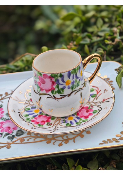 El Boyama Porselen Osmanlı Saray Kahve Fincanı-Beyaz 1 Adet