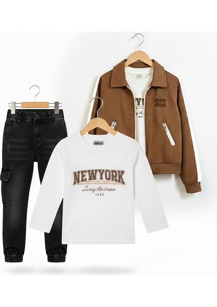 Erkek Çocuk Kahverengi Kolej Ceketli New York Baskılı Siyah Pantolonlu 3'lü Takım