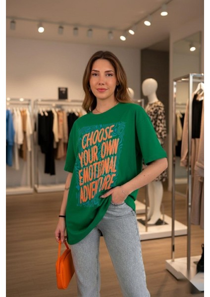Baskılı Basic Kısa Kollu T-Shirt Yeşil