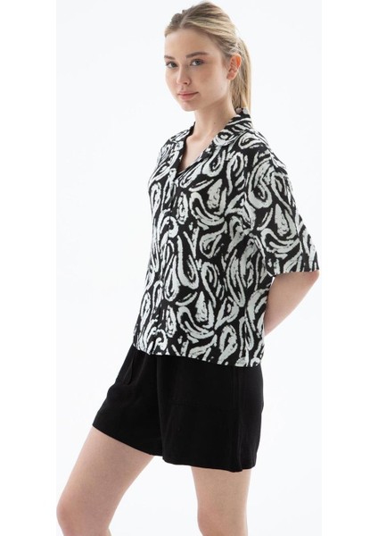 Desenli Kısa Kollu Siyah Kadın Gömlek 0240-2Y5 fiyatları