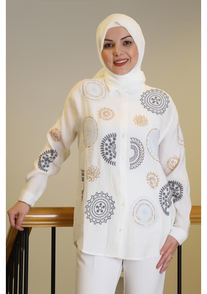 Nakış Işlemelipullu Ekru Kadın Gömlek 4143-2Y5