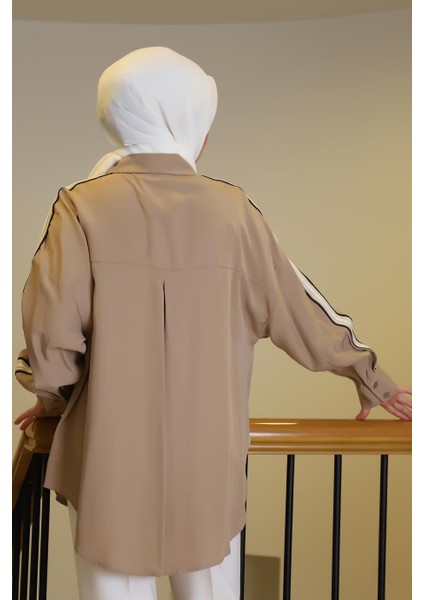 Kolları Şeritli Bej Kadın Gömlek 32197-2Y5 modelleri