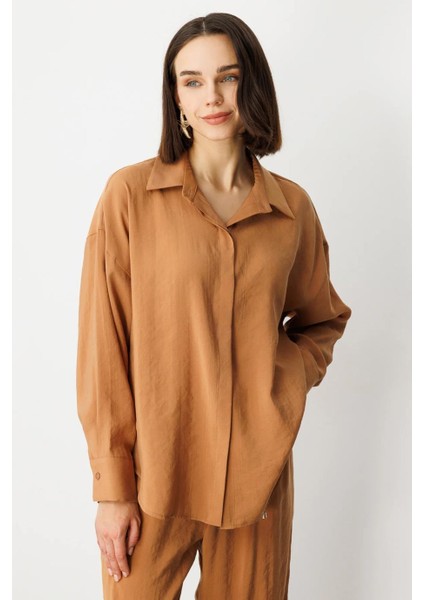 Uzun Kollu Rahat Kalıp Mocca Kadın Gömlek 54300-2Y5