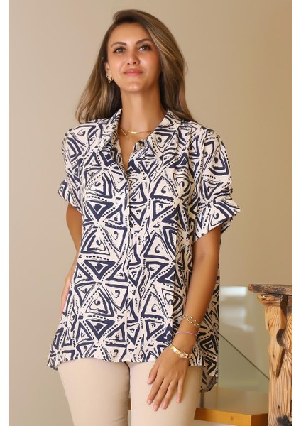 Katlamalı Kol Desenli Ekru Indigo Kadın Gömlek 29751-2Y5