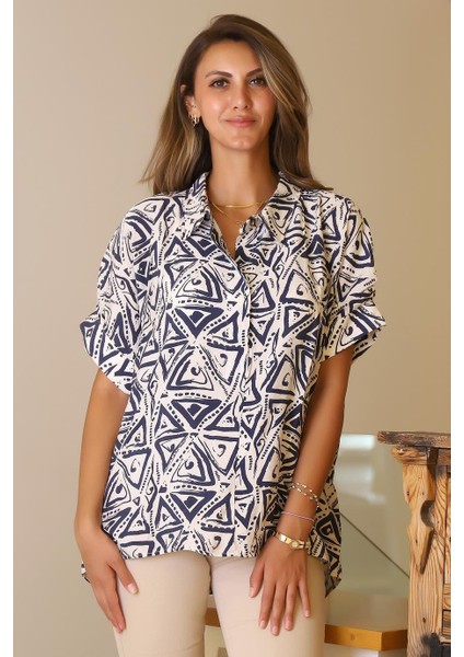 Katlamalı Kol Desenli Ekru Indigo Kadın Gömlek 29751-2Y5 fiyatları