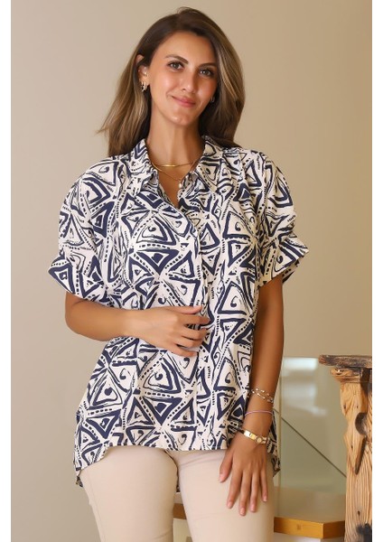 Katlamalı Kol Desenli Ekru Indigo Kadın Gömlek 29751-2Y5 modelleri