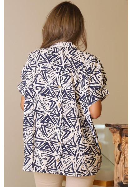 Katlamalı Kol Desenli Ekru Indigo Kadın Gömlek 29751-2Y5 fırsatları