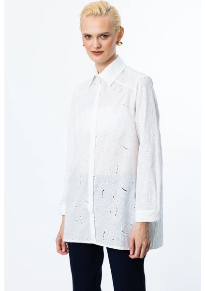 Işlemeli Uzun Kollu Beyaz Kadın Gömlek 52359-2Y5