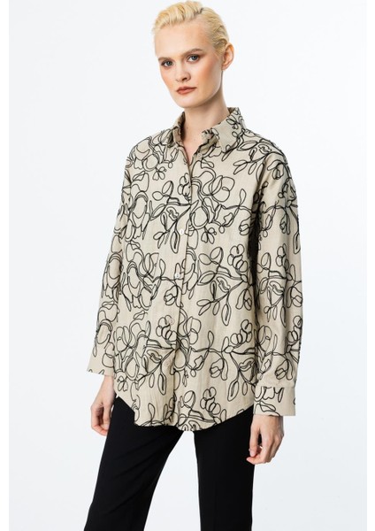Desenli Uzun Kollu Kum Kadın Gömlek 56611-2Y5 modelleri