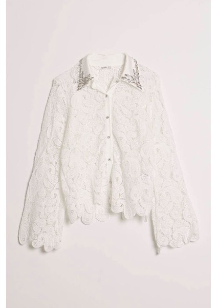 Taş Işlemeli Dantel Ekru Kadın Gömlek M38388-2Y5