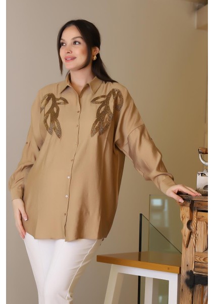 Camel Uzun Boncuk Işlemeli Kadın Gömlek 4505-2Y5