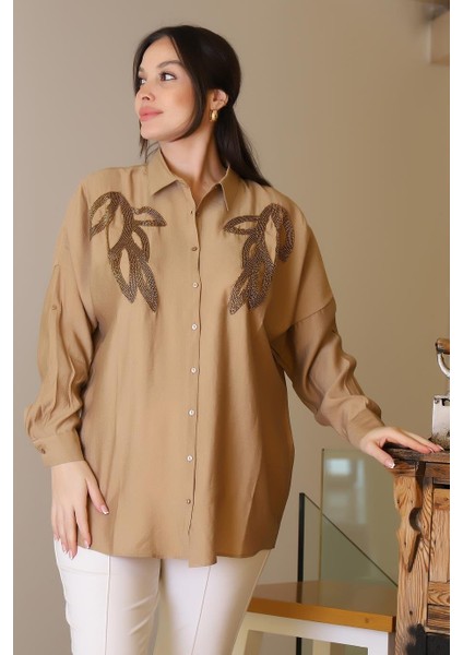 Camel Uzun Boncuk Işlemeli Kadın Gömlek 4505-2Y5 fiyatları