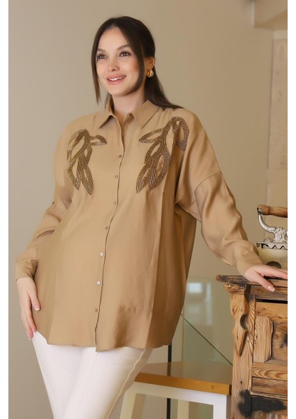 Camel Uzun Boncuk Işlemeli Kadın Gömlek 4505-2Y5 fırsatları