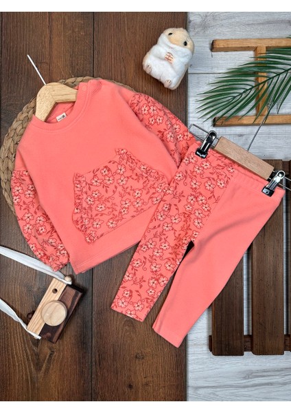 Premium Selanik Örgüsü Kadife Kumaş Çiçek Detaylı 2li Kız Bebek Takım