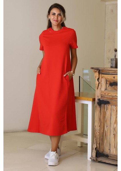 Sıfır Yaka Kısa Kollu Kırmızı Kadın Elbise S0014266-2Y5