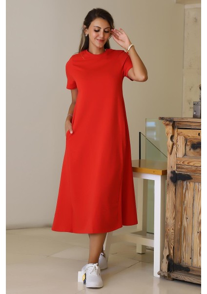 Sıfır Yaka Kısa Kollu Kırmızı Kadın Elbise S0014266-2Y5 fiyatları