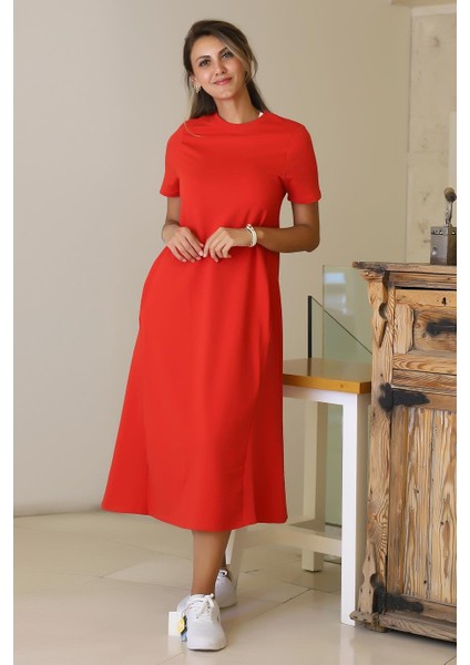 Sıfır Yaka Kısa Kollu Kırmızı Kadın Elbise S0014266-2Y5 modelleri