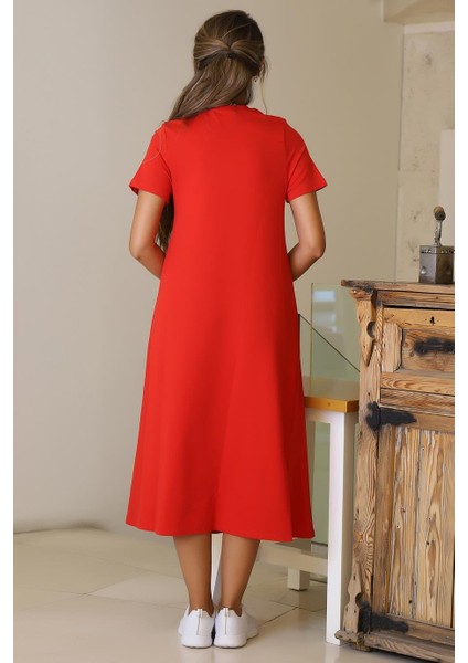 Sıfır Yaka Kısa Kollu Kırmızı Kadın Elbise S0014266-2Y5 fırsatları
