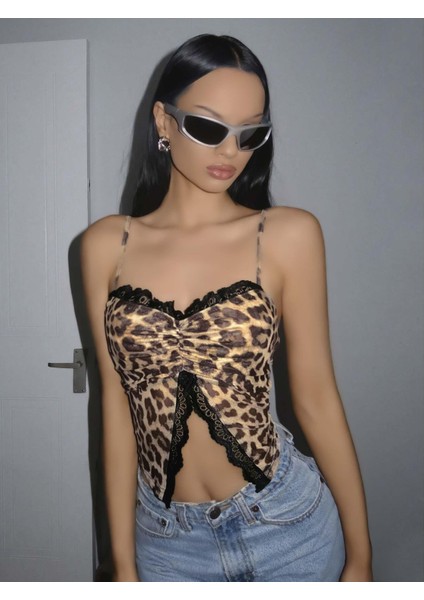 Kadın Leopar Desenli Crop Önden Dantel Detaylı 5095