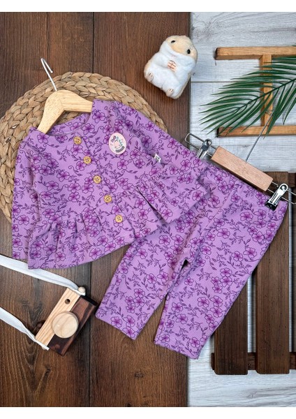 Premium Selanik Örgüsü Kadife Kumaş Çiçek Detaylı 2li Kız Bebek Takım