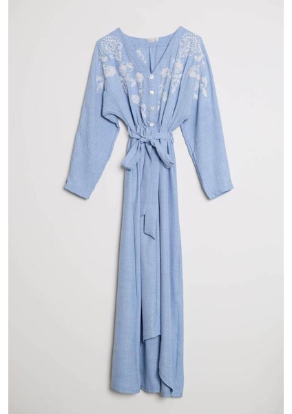 Beli Lastikli Uzun Kollu Mavi Kadın Elbise M38081-2Y5