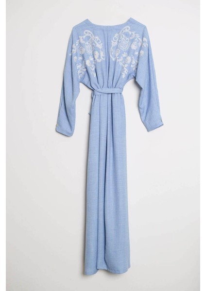 Beli Lastikli Uzun Kollu Mavi Kadın Elbise M38081-2Y5 fiyatları