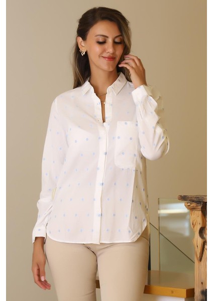 Mavi Puantiyeli Uzun Kollu Kadın Gömlek 3373-2Y5