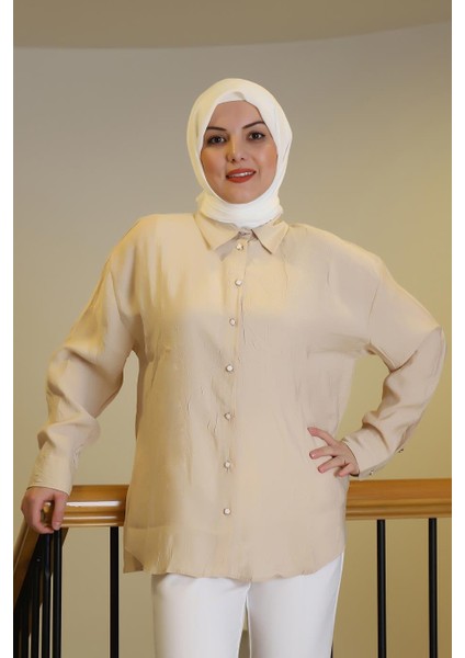 Uzun Kollu Beyaz Düğmeli Bej Kadın Gömlek 34476-2Y5