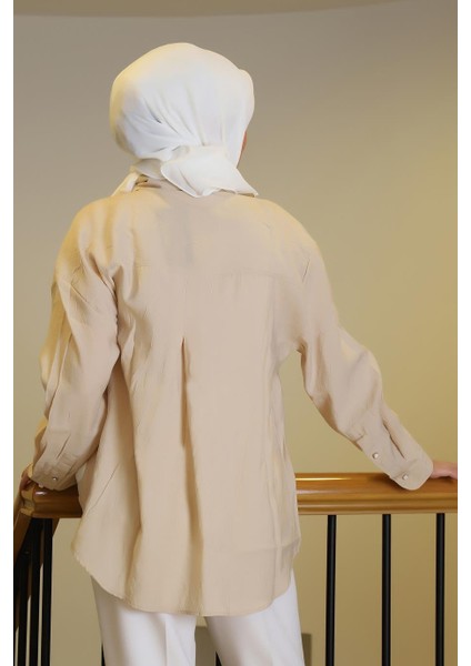 Uzun Kollu Beyaz Düğmeli Bej Kadın Gömlek 34476-2Y5 modelleri