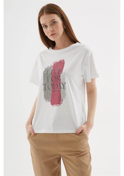 Taşlı Baskılı Beyaz Kadın T-Shirt 0060-2Y5 fiyatları