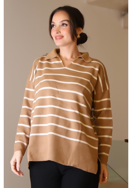 GÖMLEK YAKA ÇİZGİLİ CAMEL EKRU KADIN TRİKO KAZAK 5165-2K5