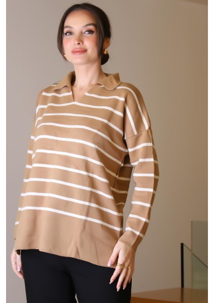 GÖMLEK YAKA ÇİZGİLİ CAMEL EKRU KADIN TRİKO KAZAK 5165-2K5 fiyatları