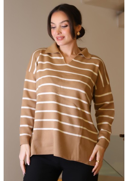 GÖMLEK YAKA ÇİZGİLİ CAMEL EKRU KADIN TRİKO KAZAK 5165-2K5 modelleri
