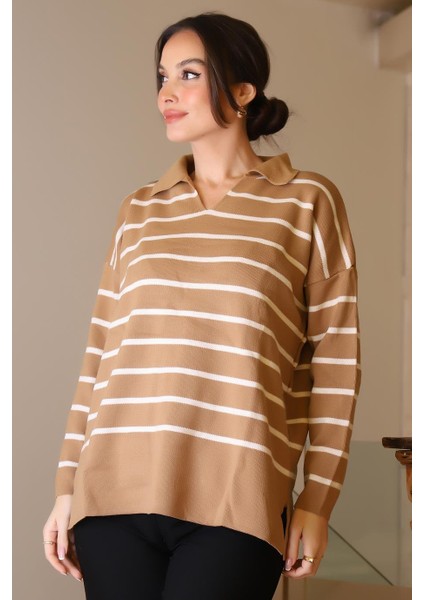 GÖMLEK YAKA ÇİZGİLİ CAMEL EKRU KADIN TRİKO KAZAK 5165-2K5 fırsatları