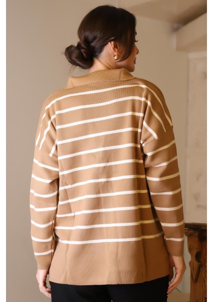 GÖMLEK YAKA ÇİZGİLİ CAMEL EKRU KADIN TRİKO KAZAK 5165-2K5 indirimleri