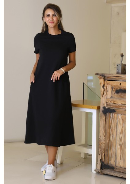 Sıfır Yaka Kısa Kollu Siyah Kadın Elbise S0014266-2Y5