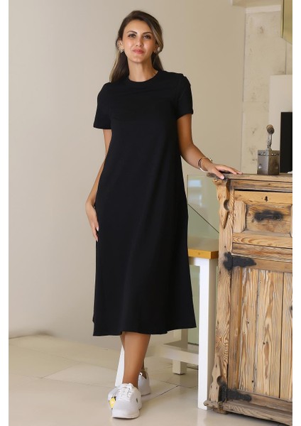 Sıfır Yaka Kısa Kollu Siyah Kadın Elbise S0014266-2Y5 modelleri