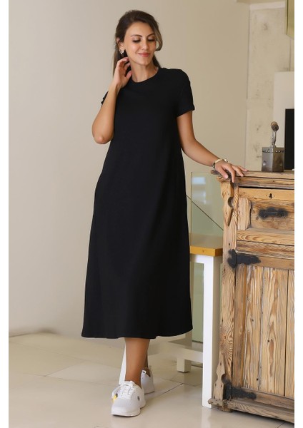 Sıfır Yaka Kısa Kollu Siyah Kadın Elbise S0014266-2Y5 fırsatları