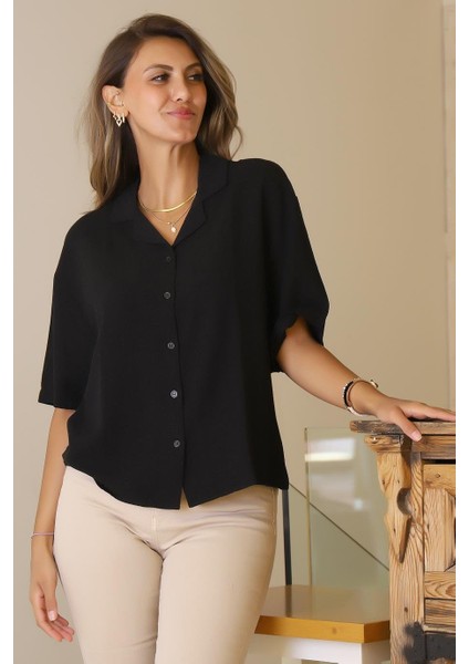 Kısa Kollu Salaş Siyah Kadın Gömlek 0605-2Y5