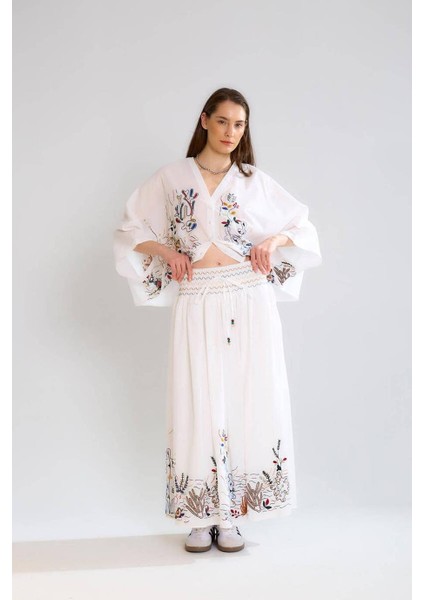 Nakış Işlemeli Beli Lastikli Ekru Kadın Etek M37055-2Y5