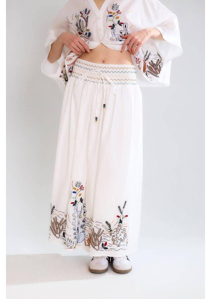 Nakış Işlemeli Beli Lastikli Ekru Kadın Etek M37055-2Y5 fiyatları