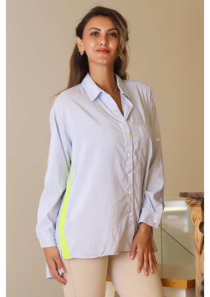 Arkası Uzun Çizgili Mavi Kadın Gömlek 3480-2Y5