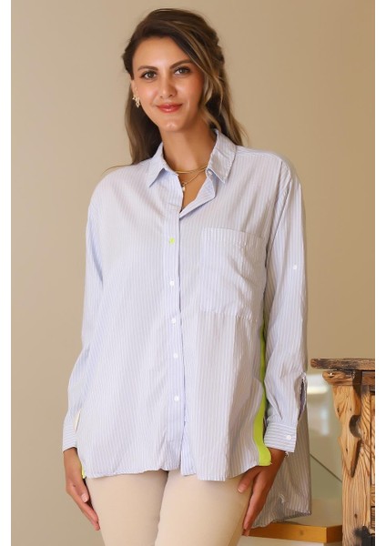 Arkası Uzun Çizgili Mavi Kadın Gömlek 3480-2Y5 fiyatları